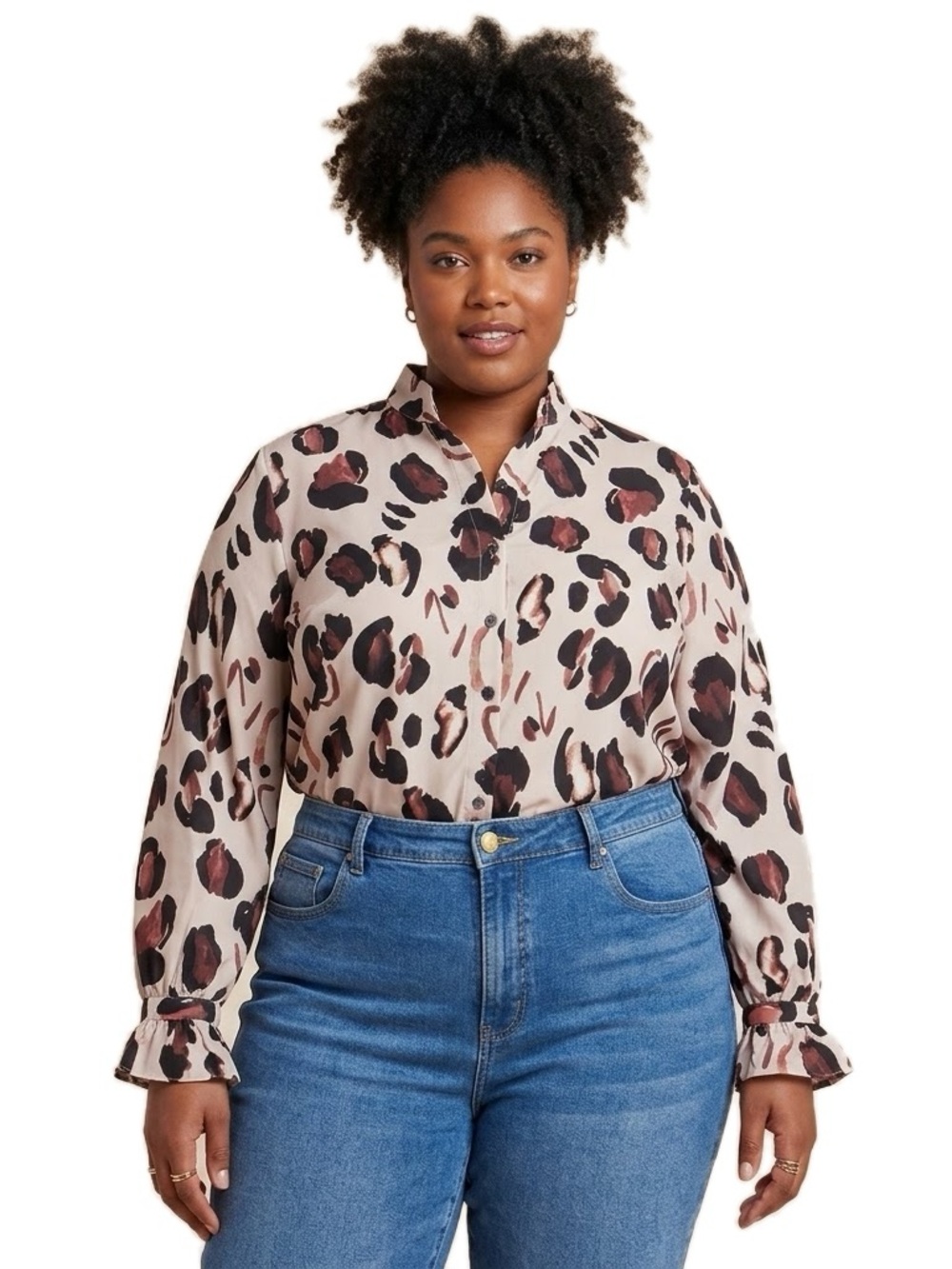 Eloquii Animal Print Classic Button Down Shirt with Ruffle Cuffs